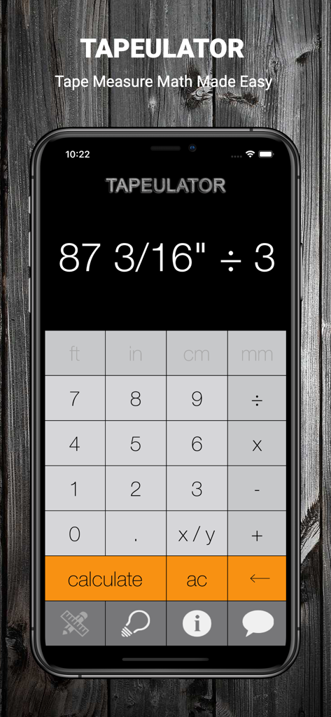 Tape Measure Calculator Pro - Tape Measure Calculator Pro app showing a measurement calculation with fractions on a smartphone screen