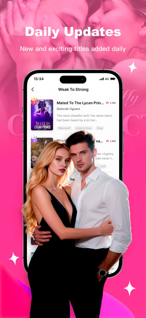 Magfic app interface showing daily updates for romance and werewolf novels with a couple in the foreground