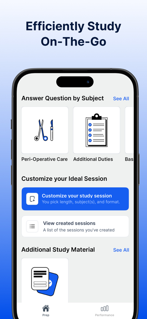 Surgical Technologist Mastery - Tableau de bord de l'application Maîtrise du Technicien en Chirurgie avec des options pour étudier par sujet et personnaliser les sessions d'étude