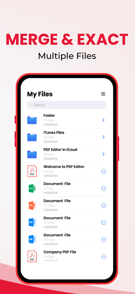 Swift PDF Editor: Scan & Sign - Interface of the Swift PDF Editor app showing a document list for merging and extracting multiple files