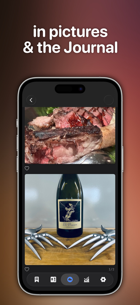 Wine Cellar Manager - Wine Cellar Manager app interface showing a wine journal with photos of a steak dish and a bottle of wine
