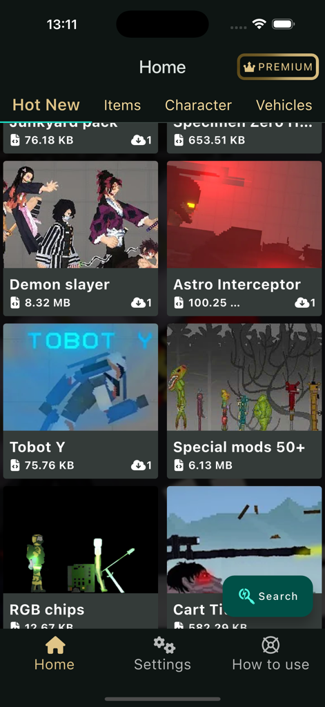 HD Melmods Sandbox Mod - Mobile app home screen displaying a collection of character and item mods for Melon Sandbox.