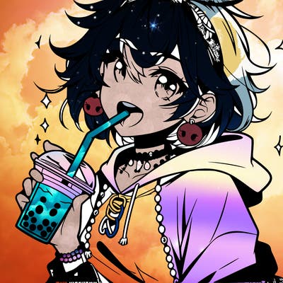 hot baddie anime girl drinking boba and biting the straw