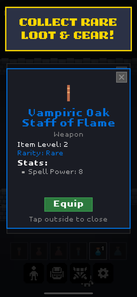 A pixel art game screen showing a rare Vampiric Oak Staff of Flame item with its stats and an equip button in the Rogue Realm app.