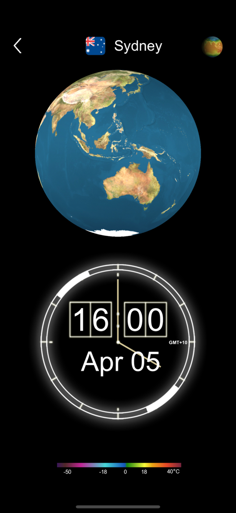 Interface do aplicativo Mapa Global de Temperatura 3D mostrando um globo 3D centrado na Austrália com escala de hora e temperatura local