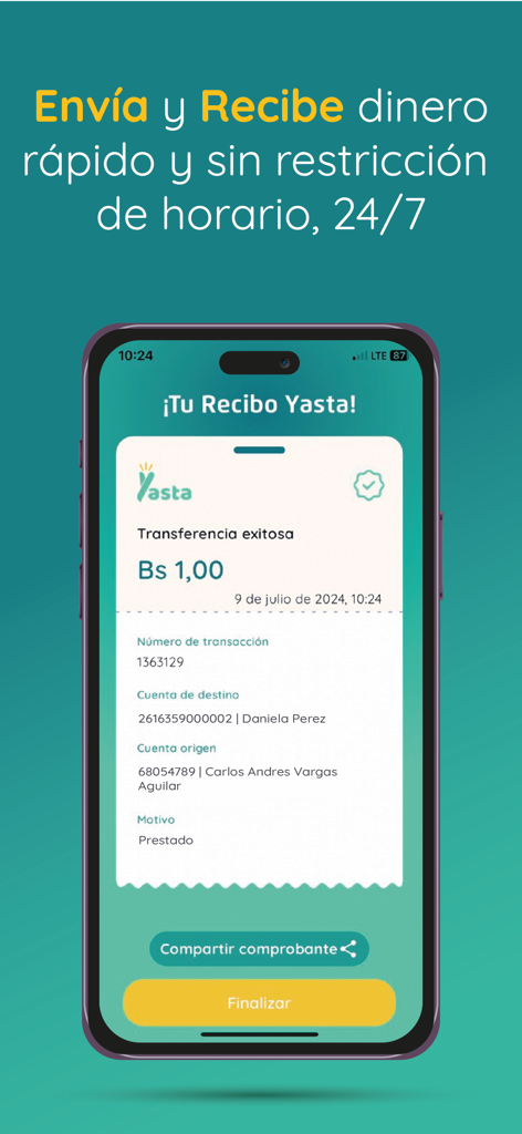 Billetera Yasta - Successful money transfer receipt displayed on the Billetera Yasta mobile app.