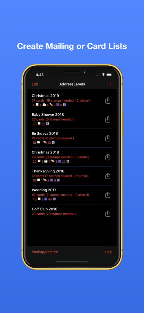 Address Labels & Envelopes - Pantalla de gestión de listas de envío en la aplicación Etiquetas de Direcciones que muestra categorías de tarjetas y requisitos de sellos para días festivos y eventos.