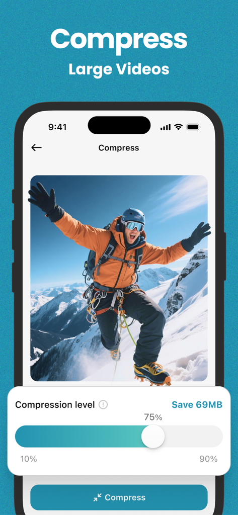 Screenshot of the AI Cleaner app interface showing a video compression feature with a slider to adjust the compression level and save phone storage space.