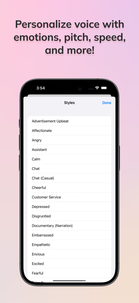 VoiceStudio AI - List of customizable AI voice styles and emotions in the VoiceStudio AI app
