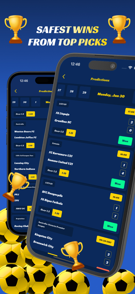 Betting Tips - Acca Prediction - Mobile app interface showing daily football betting predictions and winning accumulator tips
