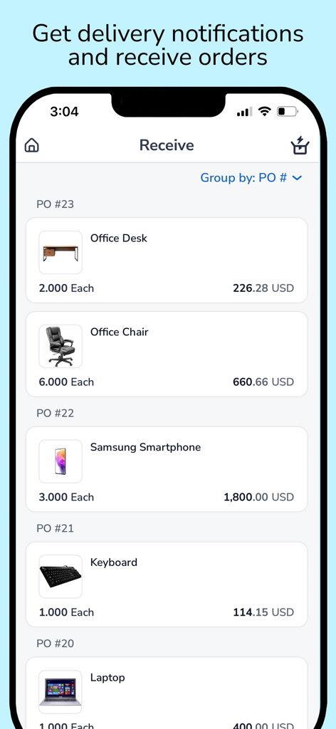 Smartphone screen showing the Receive feature in Coupa Mobile app listing purchase orders for office furniture and electronics