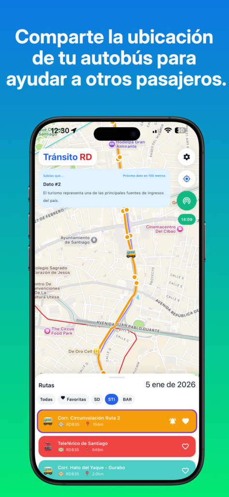 Interfaz de la aplicación móvil Transito RD que muestra un mapa de transporte público en tiempo real y rutas de autobuses en la República Dominicana.
