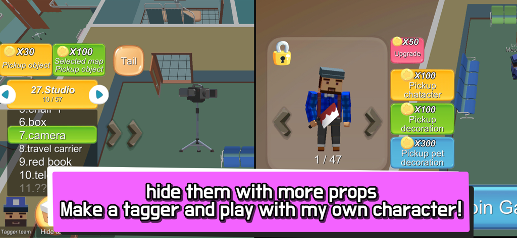 Hide.io game interface showing prop selection on the left and seeker character customization on the right.