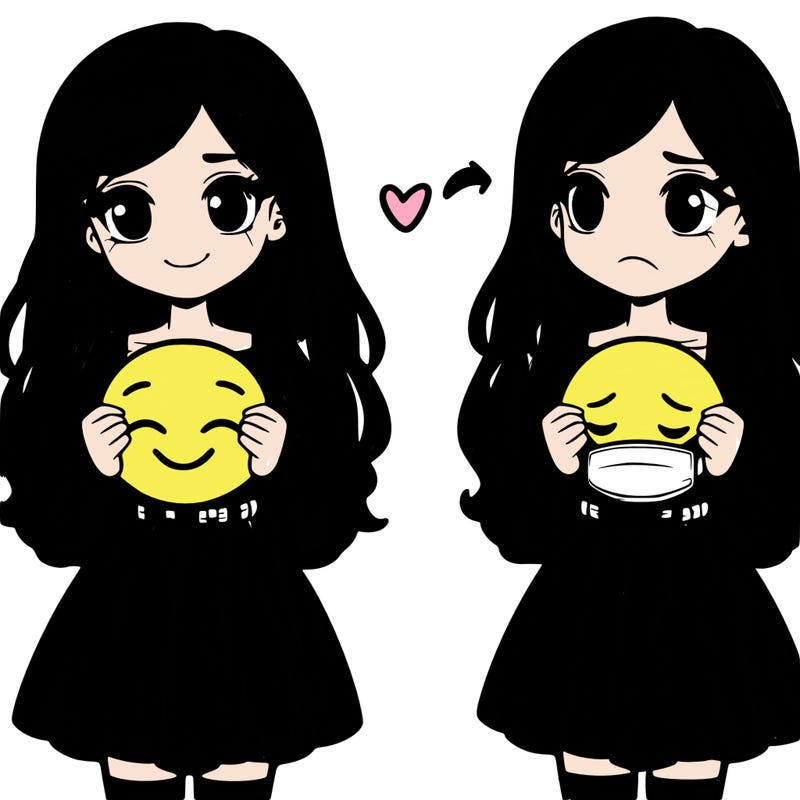 a teenage girl with long hair and a dress who holds a round mask that doesn't smile