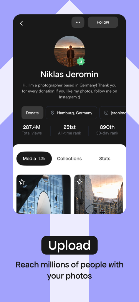 A photographer profile page on the Pexels app showing statistics and an upload prompt for creators