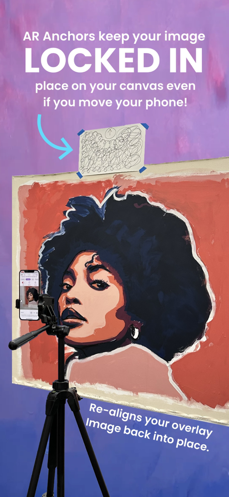 Mural Maker by Da Vinci Eye - A smartphone on a tripod using AR anchors to lock a digital drawing overlay onto a physical mural canvas