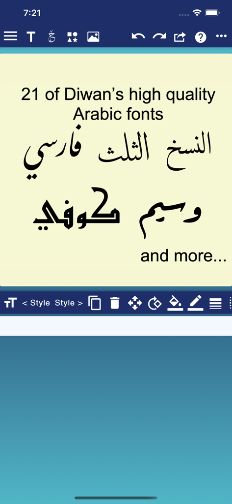 Visualizzazione di vari font professionali per calligrafia araba inclusi gli stili Naskh e Thuluth