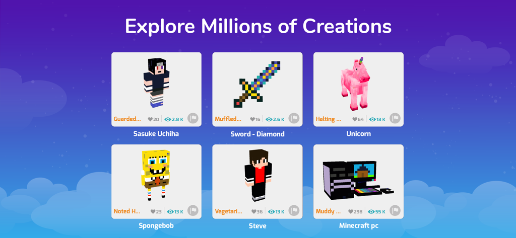Eine Galerie, die Millionen von benutzererstellten Coding-Projekten und Minecraft-Mods in der Tynker-App zeigt.