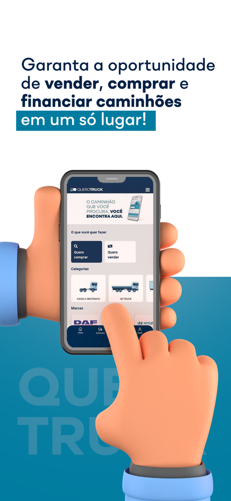 QueroTruck - Interfaccia dell'app mobile QueroTruck per l'acquisto, la vendita e il finanziamento di camion commerciali