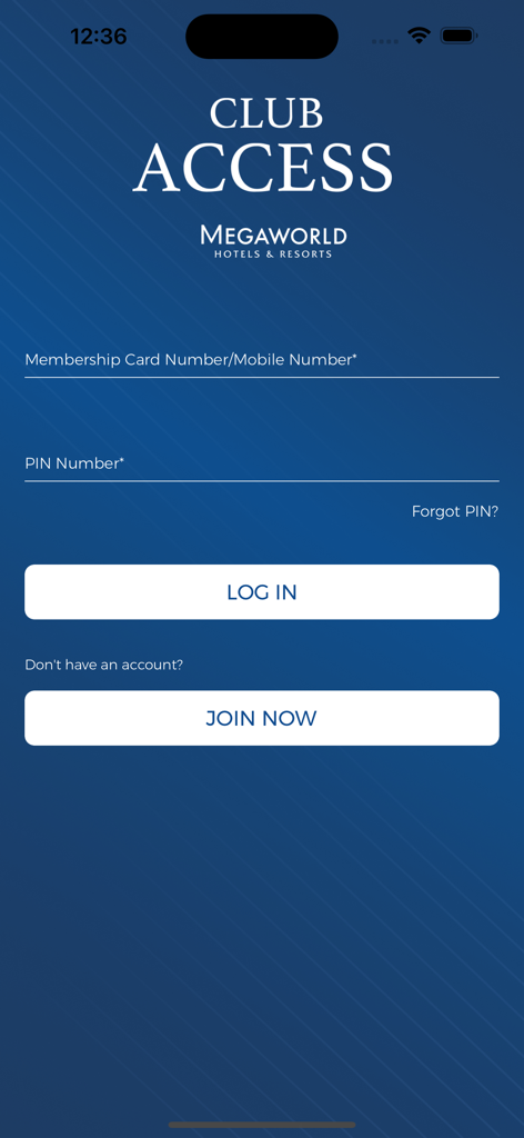 Club Access - Login screen for the Club Access hospitality app by Megaworld Hotels and Resorts
