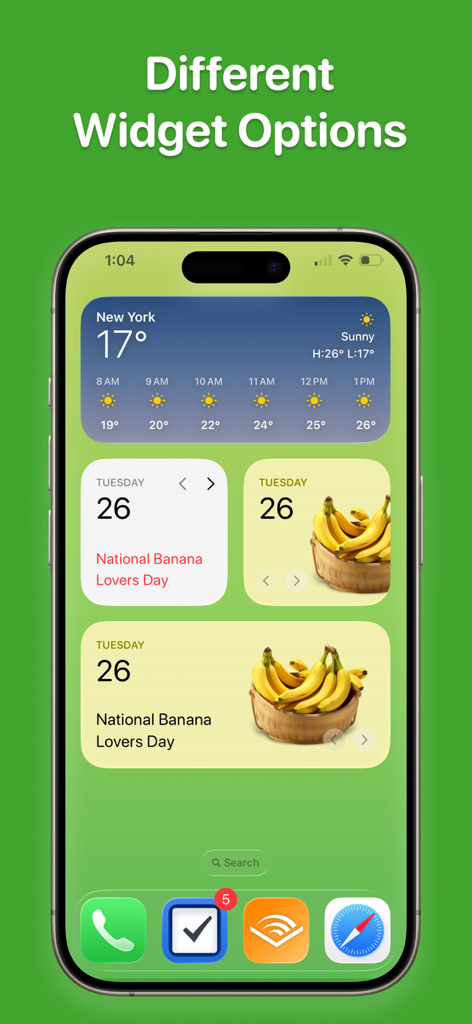 Food Holidays Calendar - Tela inicial do iPhone exibindo vários estilos de widgets para o Dia Nacional dos Amantes de Banana do aplicativo Calendário de Feriados Gastronômicos