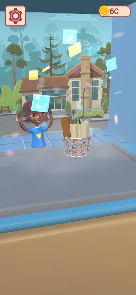 Una chica celebrando un pedido de helado enrollado completado en un juego de simulación 3D