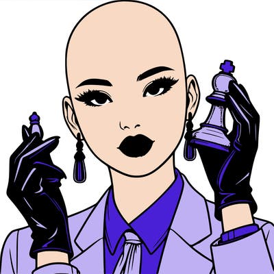 realistic bald asian female who wears suits and gloves and wearing hooped earrings while wearing lipstick, while holding a pawn chess piece in her hand