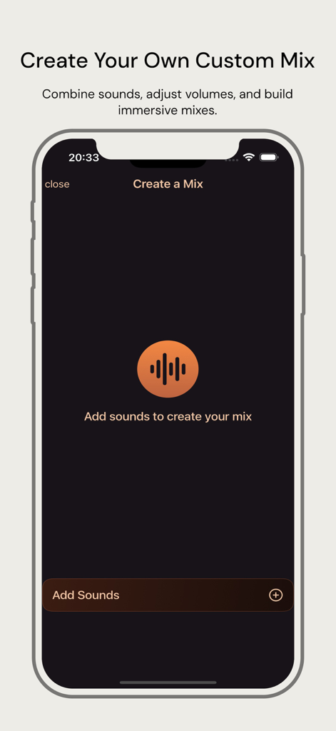 Interfaz para crear mezclas de sonido personalizadas en la aplicación White Moises for Sleep
