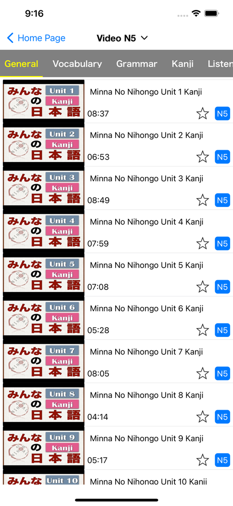 Learn Minnano Nihongo (iMina) - Interface of the iMina app showing a list of Minna No Nihongo Kanji video lessons for the JLPT N5 level.