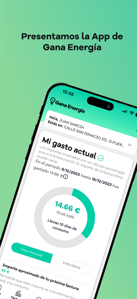 Gana Energia - App clientes - Screenshot of the Gana Energia app on an iPhone displaying current energy spending and kilowatt hours consumption