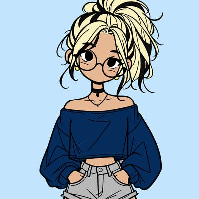 girl with a messy ponytail glasses a baggy crop top and jean shorts