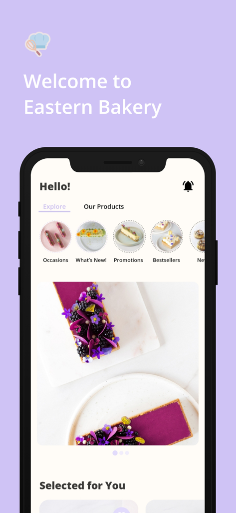 Eastern Bakery - Home screen of the Eastern Bakery app showing artisanal pastries and product categories.