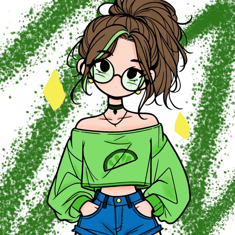 girl with a messy ponytail glasses a baggy crop top and jean shorts