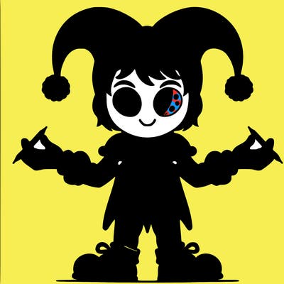 pomni white skin dark brown hair short adjuster hat, that’s red and blue with pom-poms on it red and blue jester suit with pom-poms on the middle 2 of them jester shoes, red and blue at the top yellow ribbon red and blue for the gloves ribbon on the gloves her eyes looks like pizza slices, but colored, red and blue at the same time