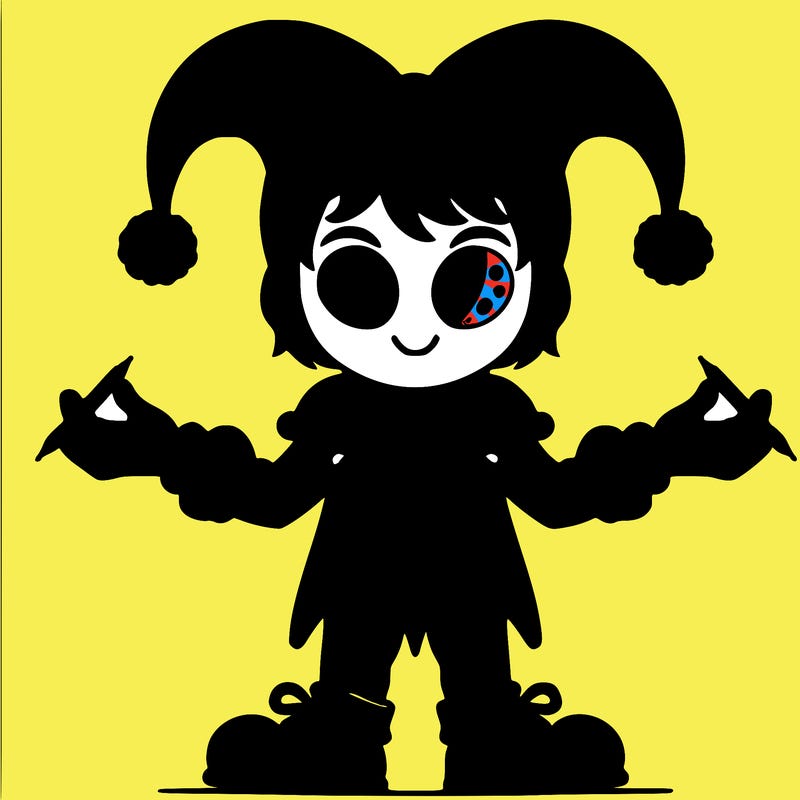 pomni white skin dark brown hair short adjuster hat, that’s red and blue with pom-poms on it red and blue jester suit with pom-poms on the middle 2 of them jester shoes, red and blue at the top yellow ribbon red and blue for the gloves ribbon on the gloves her eyes looks like pizza slices, but colored, red and blue at the same time