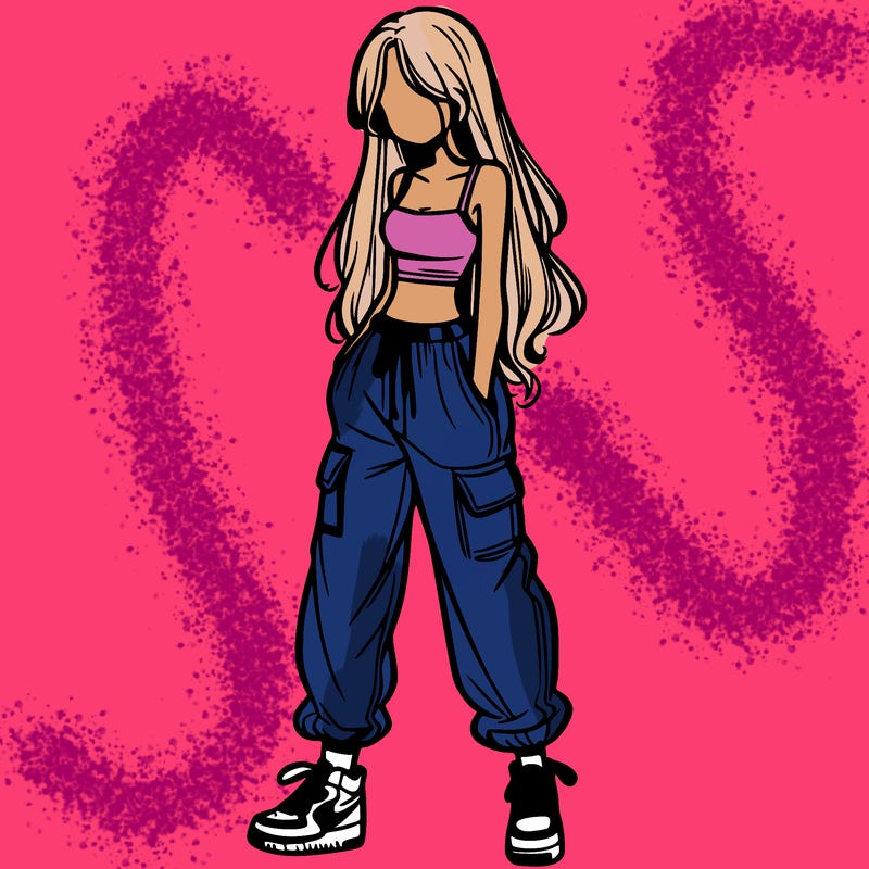 girl in baggy pants crop top and long hair