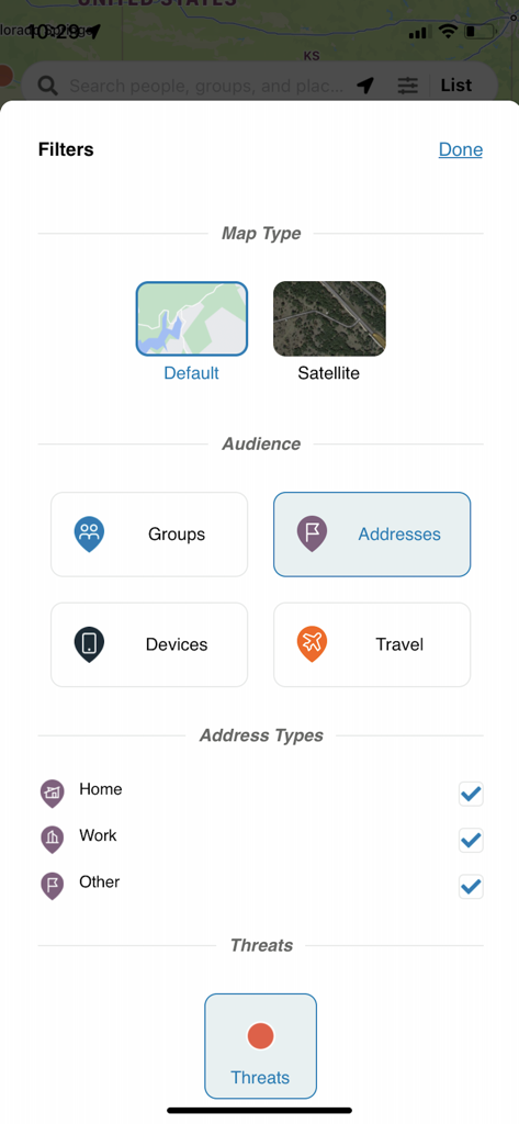 AlertMedia - AlertMedia app filters interface showing map type, audience selection, and threat monitoring settings.