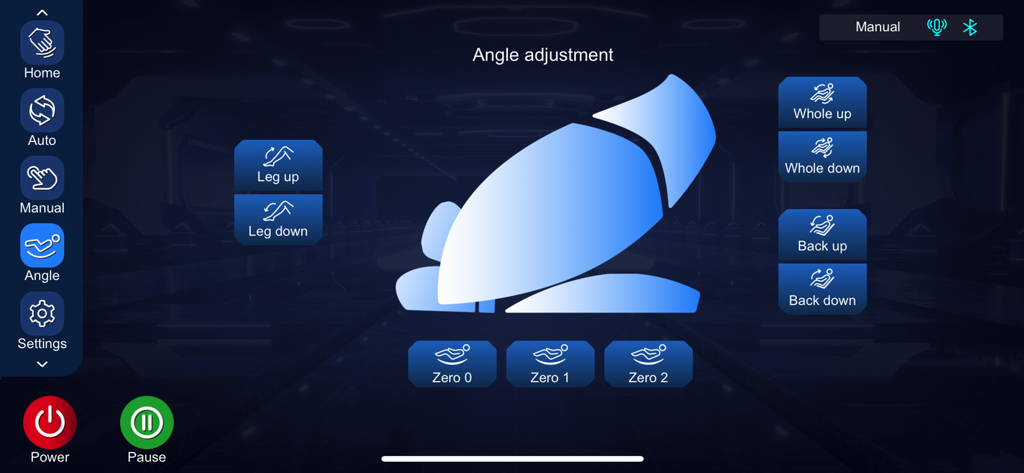 Commandes de réglage de l'angle dans l'interface de l'application de fauteuil de massage GINTELL