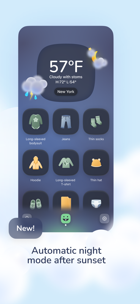 BabyWeather - Oberfläche der BabyWeather-App im automatischen Nachtmodus, die das Wetter für New York und Kleidungsempfehlungen für Babys anzeigt