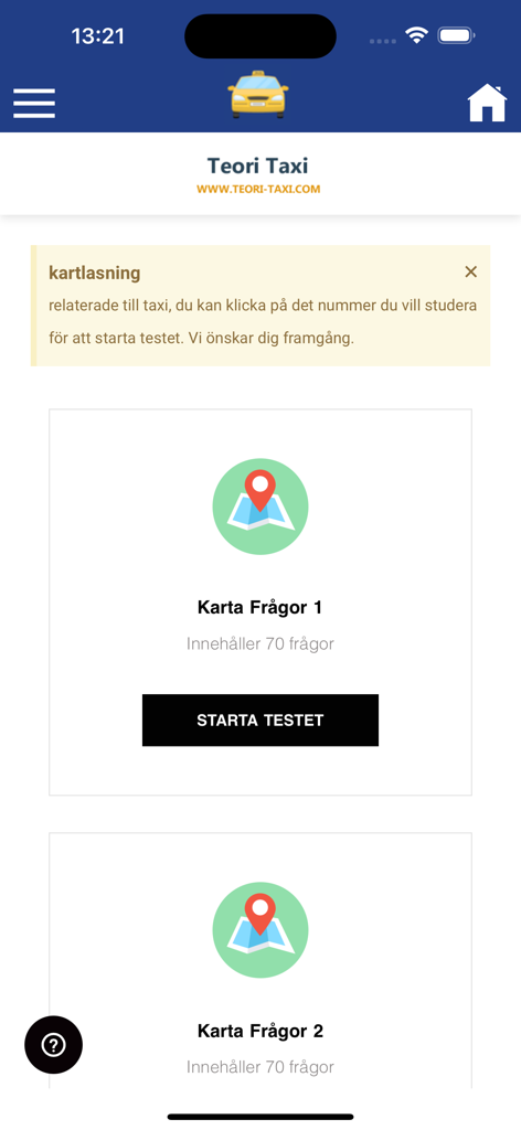 Teori Taxi Frågor - Mobile App-Bildschirm von Teori Taxi, der Optionen für einen Lesetest zur Kartografie-Theorie anzeigt