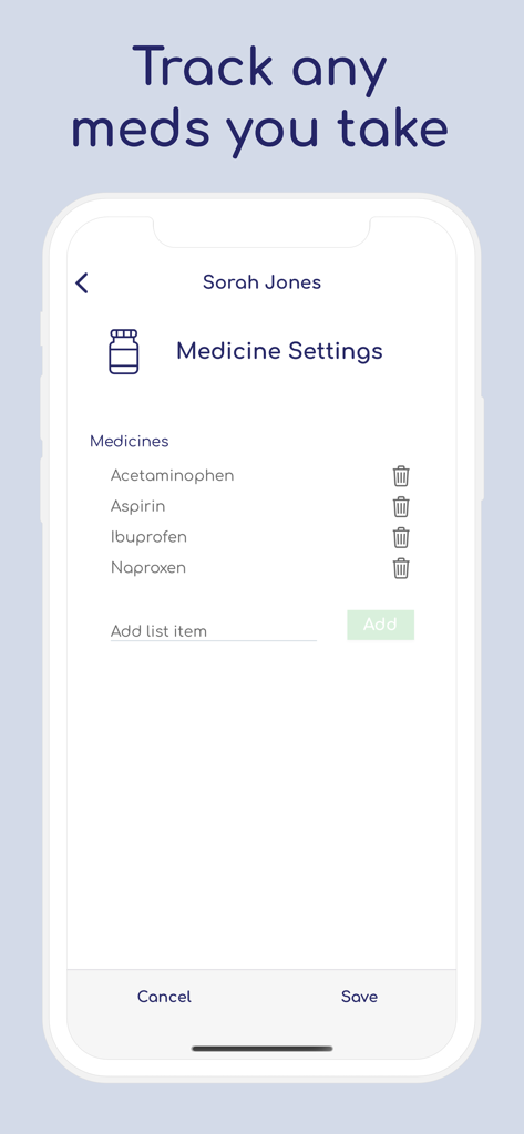 Talli Health app interface for adding and managing a list of medications to track.