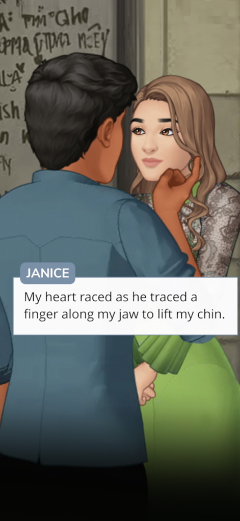 Secrets by Episode NETFLIX - Una scena romantica in primo piano da Secrets by Episode NETFLIX in cui un personaggio maschile solleva il mento di una donna di nome Janice.