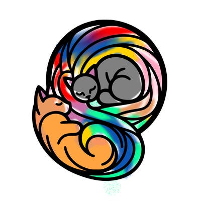 abstract art designed cat curled in a ball seeing reflection of itself