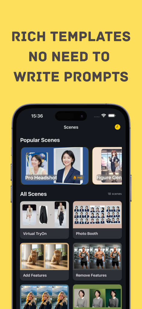 Pics AI app interface showing a variety of photo editing templates including professional headshots and virtual try-on