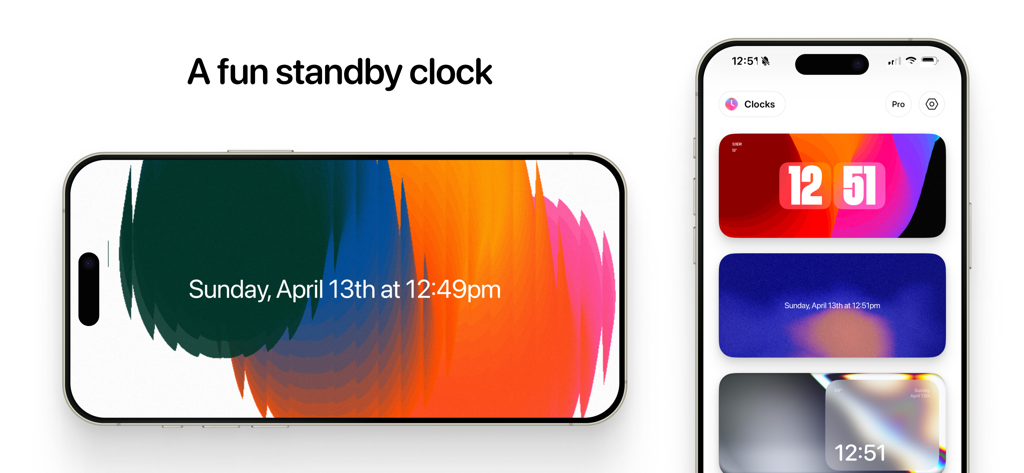 iPhone displaying the Clocks app with various aesthetic standby mode backgrounds and clock styles