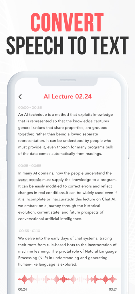AI Note Taker Voice Memos App - AI Note Taker app screen showing speech to text transcription of a lecture
