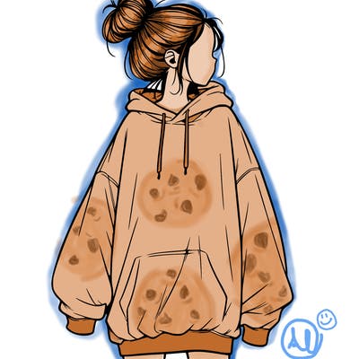 realistic girl with a oversized sweatshirt on and a bun
