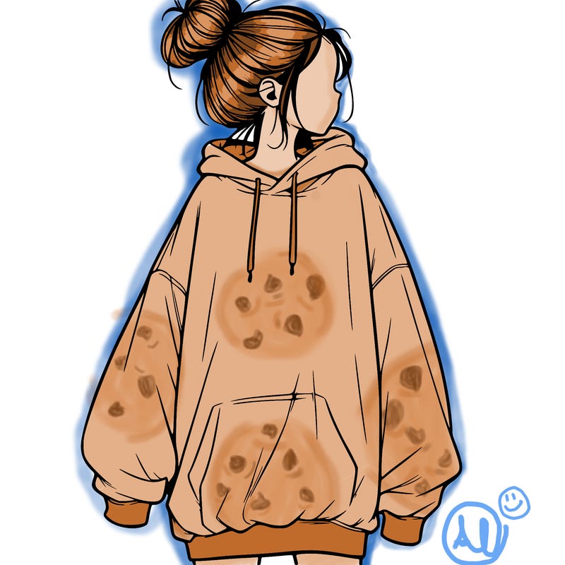 realistic girl with a oversized sweatshirt on and a bun