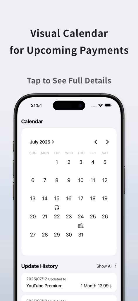Costly : Subscription Tracker - Costly app interface showing a visual calendar for tracking upcoming subscription payments and history