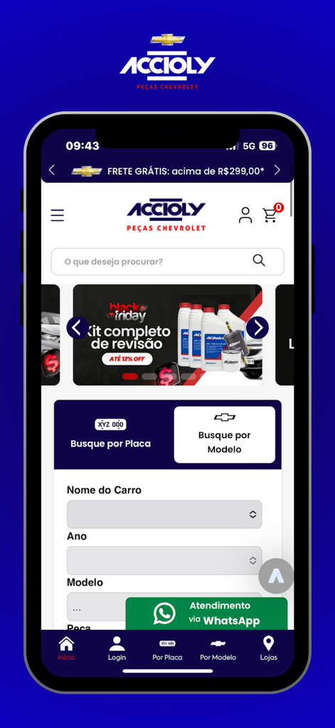 Tela inicial do aplicativo móvel Accioly GM exibindo opções de busca de peças Chevrolet por modelo e placa
